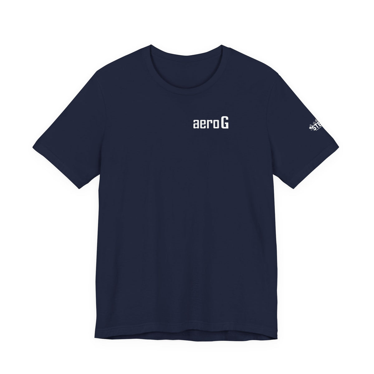 aeroG CRUISE tee front: white aeroG wordmark over the heart on a navy Bella+Canvas tee