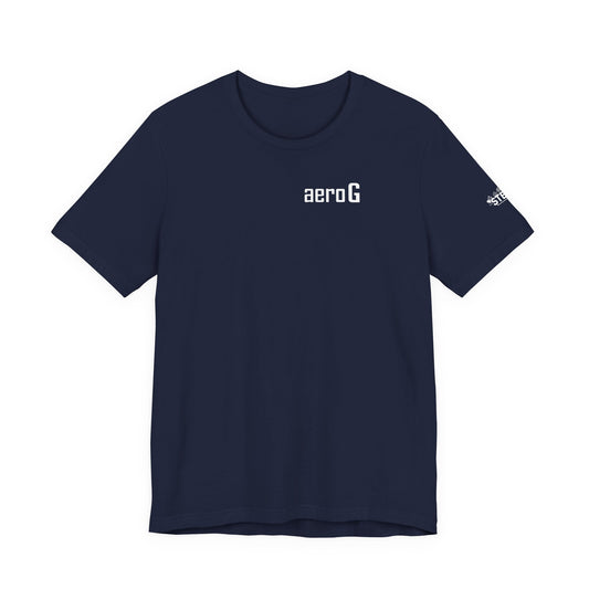 aeroG CRUISE tee front: white aeroG wordmark over the heart on a navy Bella+Canvas tee
