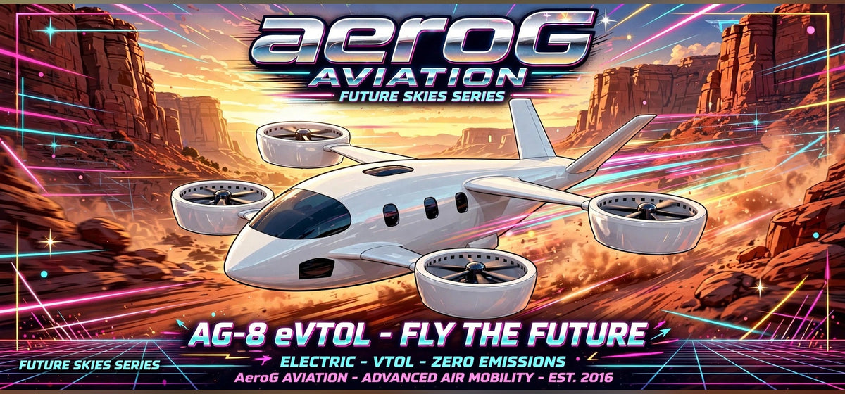 Arcade style aviation poster: Canyon Run — clean poster artwork showing the white AG-8 eVTOL aircraft soaring over a desert canyon landscape at sunset with neon light trails and aeroG Aviation branding, by aeroG Aviation