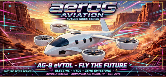 Arcade style aviation poster: Canyon Run — clean horizontal poster artwork of a white AG-8 eVTOL flying over a desert canyon at sunset with neon pink and blue light effects and aeroG Aviation Future Skies Series branding, by aeroG Aviation