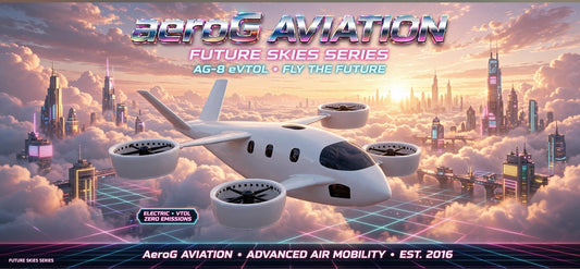 Arcade style aviation poster: Cloud City — clean poster artwork of a white eVTOL aircraft flying above clouds toward a neon-lit city skyline at sunset, with aeroG Aviation Future Skies Series branding, by aeroG Aviation