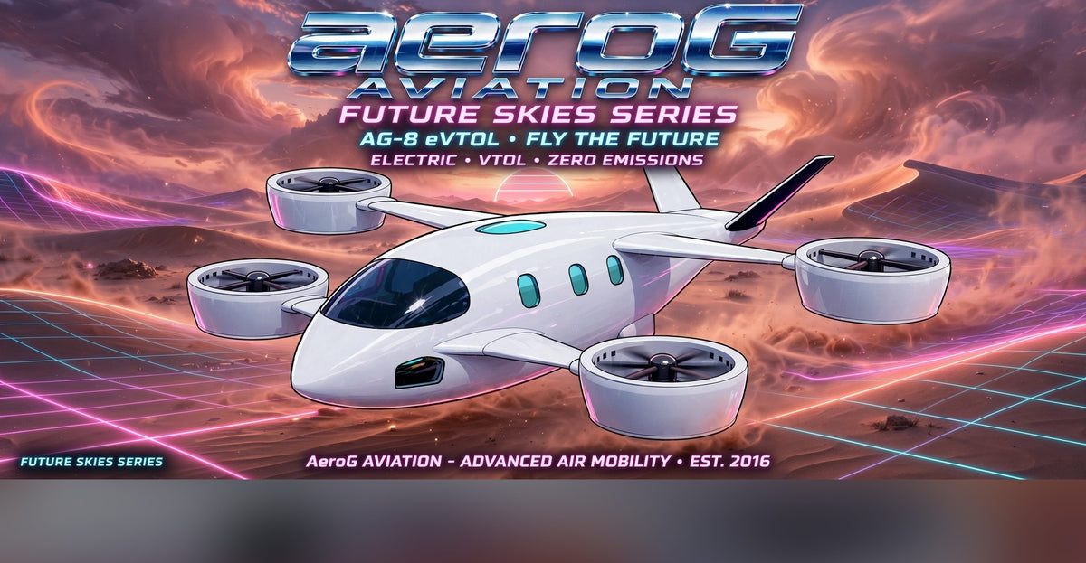 Arcade style aviation poster: Desert Storm — clean horizontal poster artwork of a white AG-8 eVTOL flying over a desert landscape at sunset with a stormy orange sky, neon grid lines, and aeroG Aviation Future Skies Series branding, by aeroG Aviation