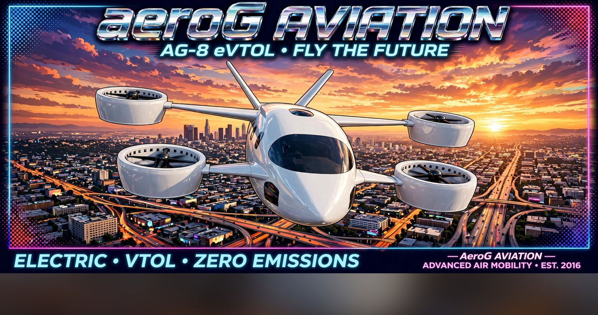 Arcade style aviation poster: LA Sunset — clean edge-to-edge poster artwork of a white AG-8 eVTOL flying over a city skyline at sunset with aeroG Aviation branding and Electric VTOL Zero Emissions text, by aeroG Aviation
