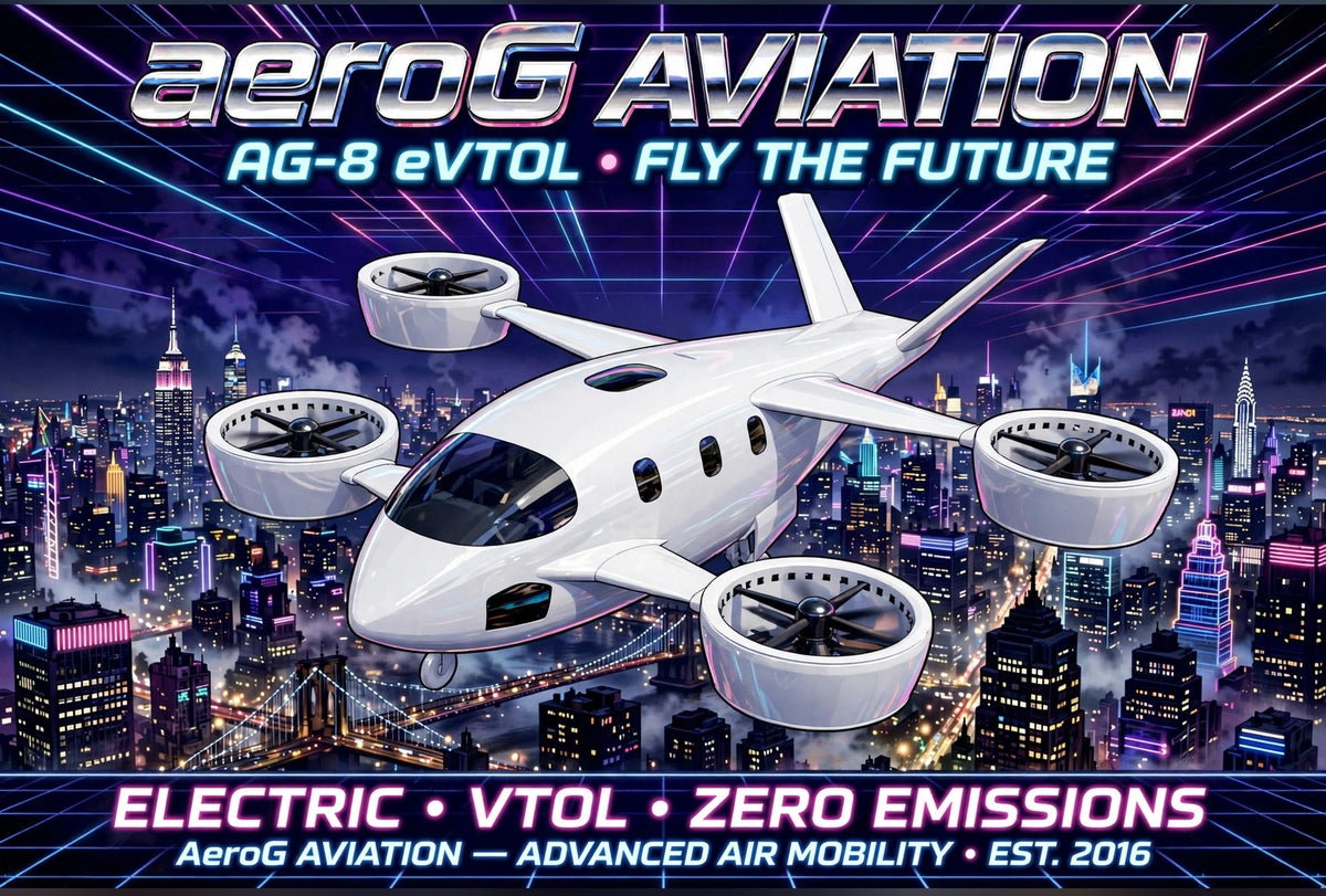 Arcade style aviation poster: NYC Night — clean poster artwork of a white AG-8 eVTOL flying over a New York City skyline at night with glowing skyscrapers and aeroG Aviation Fly the Future branding, by aeroG Aviation