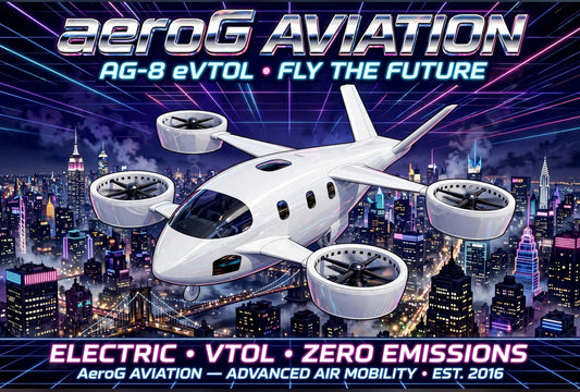 Arcade style aviation poster: NYC Night — clean poster artwork of a white AG-8 eVTOL flying over a New York City skyline at night with glowing skyscrapers and aeroG Aviation Fly the Future branding, by aeroG Aviation