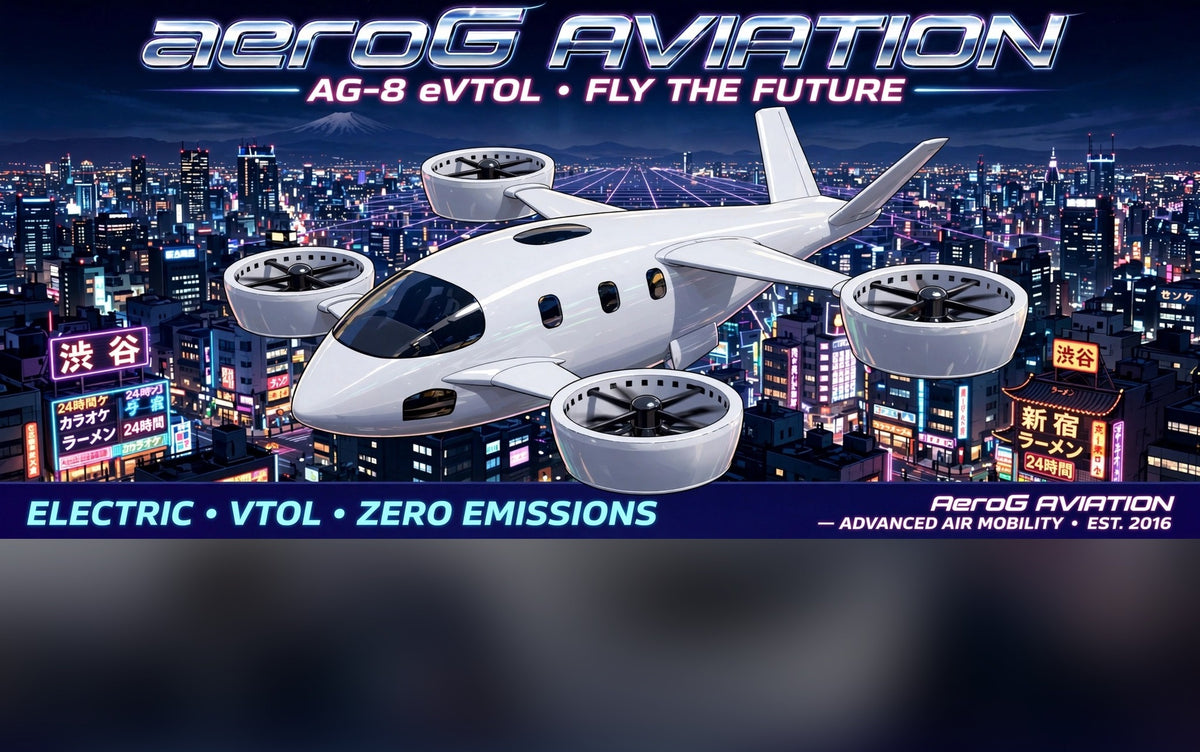 Arcade style aviation poster: Tokyo Night, an eVTOL flying over a neon Tokyo skyline at night, by aeroG Aviation
